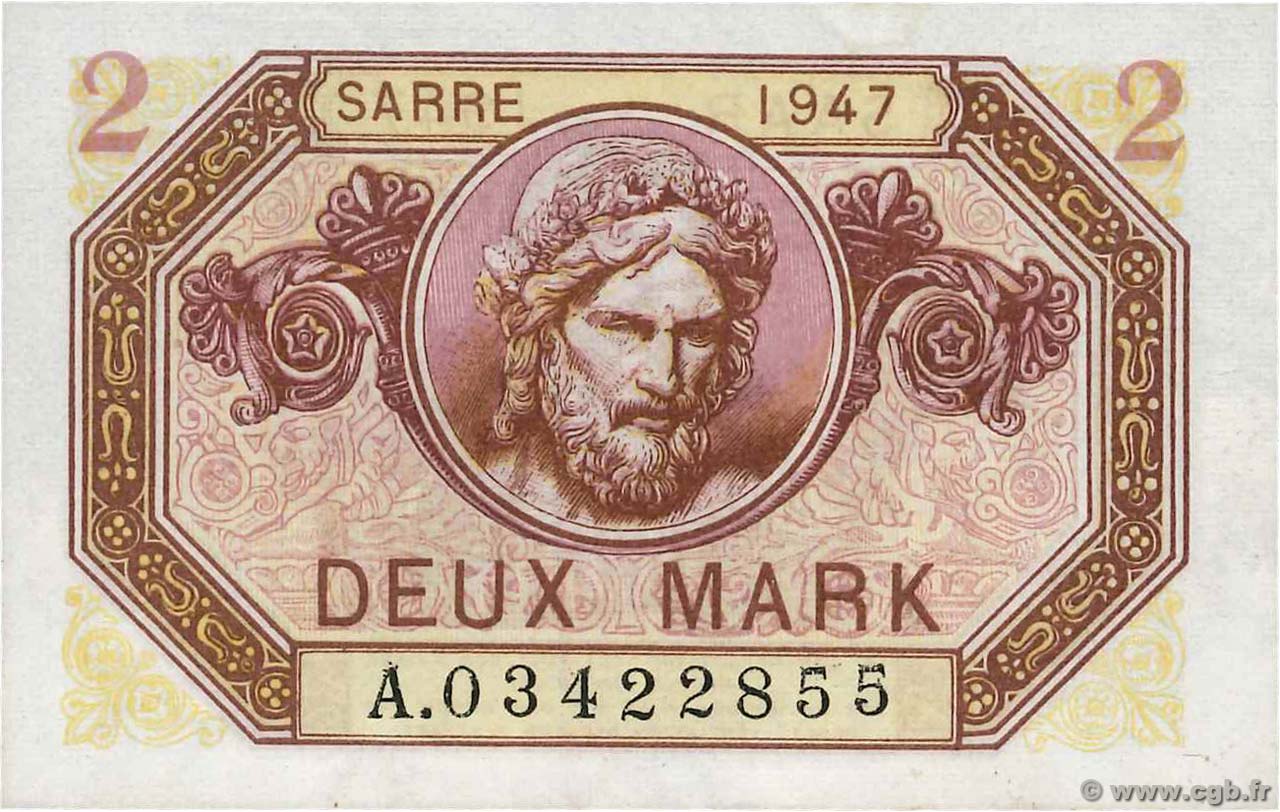 2 Mark SARRE FRANCE  1947 VF.45.01 pr.NEUF