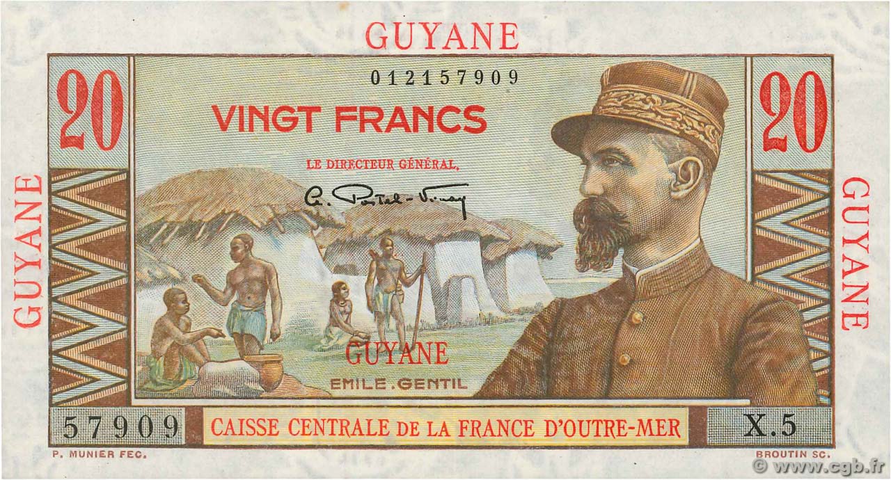 20 Francs Émile Gentil FRENCH GUIANA  1946 P.21 XF