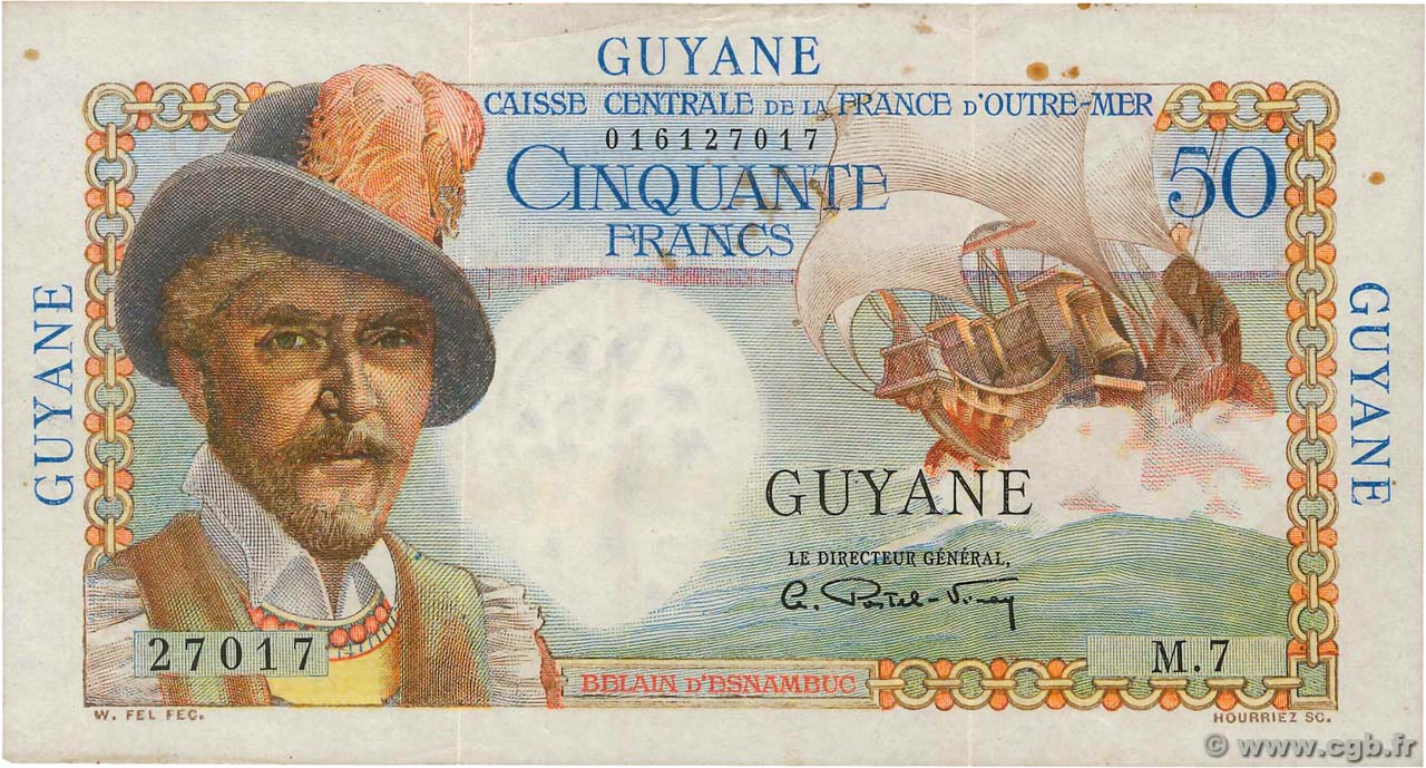 50 Francs Belain d Esnambuc FRENCH GUIANA  1946 P.22a VF