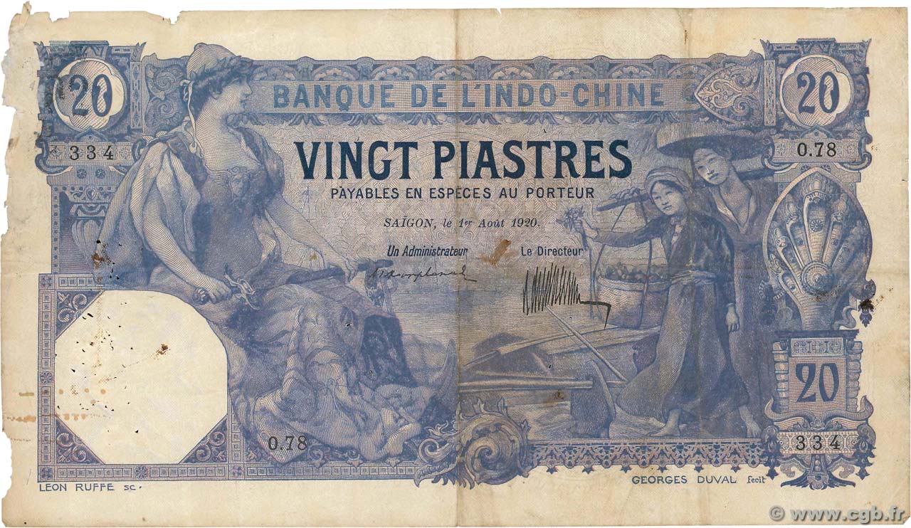 20 Piastres INDOCINA FRANCESE Saïgon 1920 P.041 q.MB