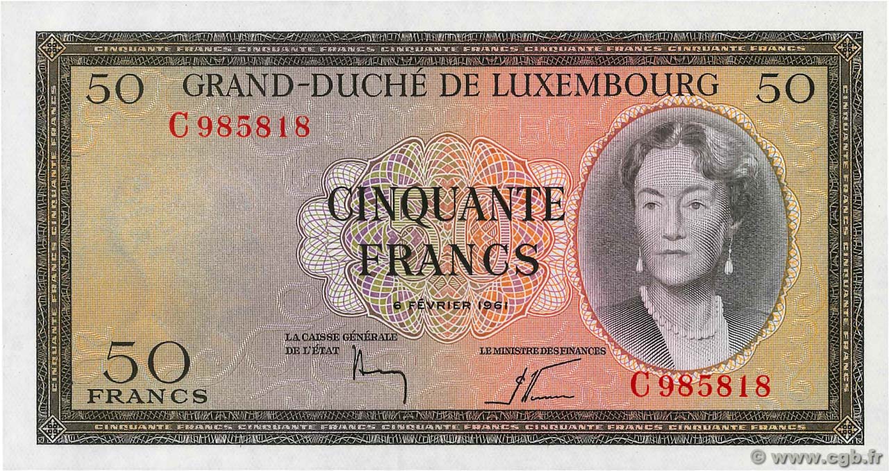 50 Francs LUSSEMBURGO  1961 P.51a FDC