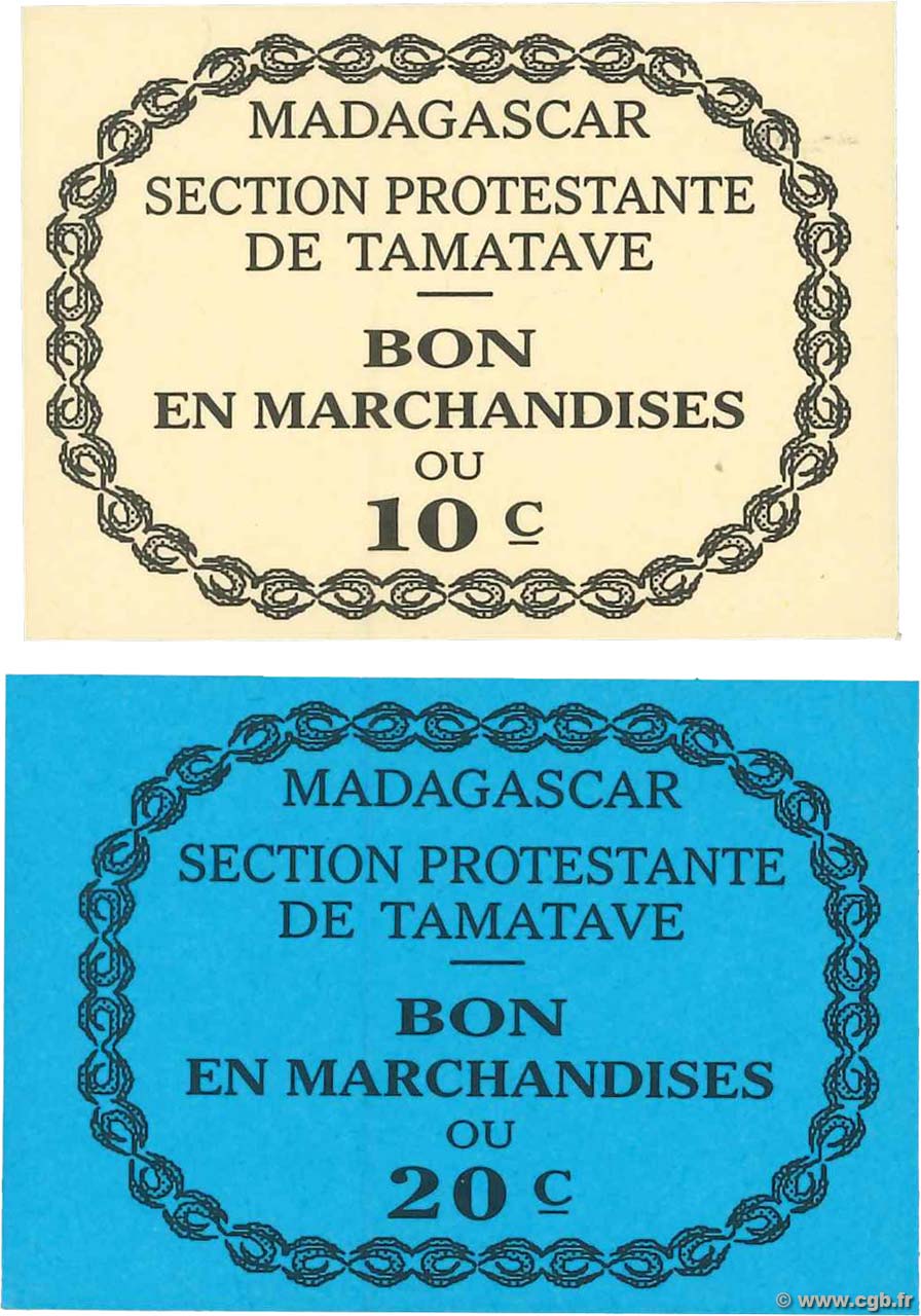 10 et 20 Centimes Non émis MADAGASCAR Tamatave 1930 P.- UNC