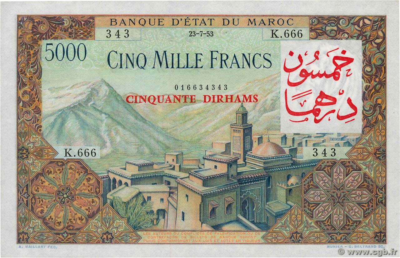 50 Dirhams sur 5000 Francs MAROC  1953 P.51 SPL