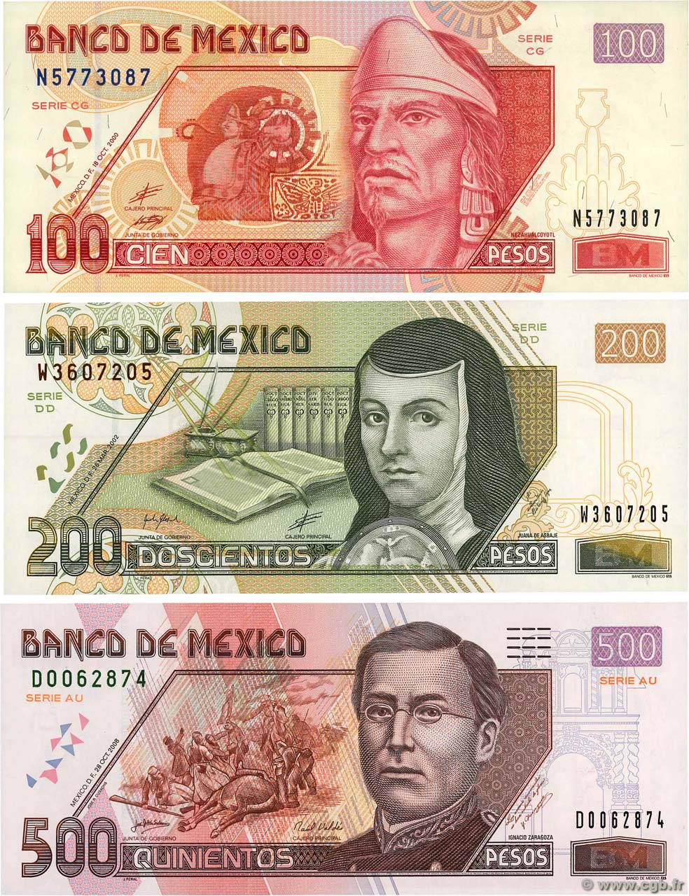 100, 200, 500 pesos Lot MEXICO  2002 P.118a, P.119b, P.120d et P.121 ST