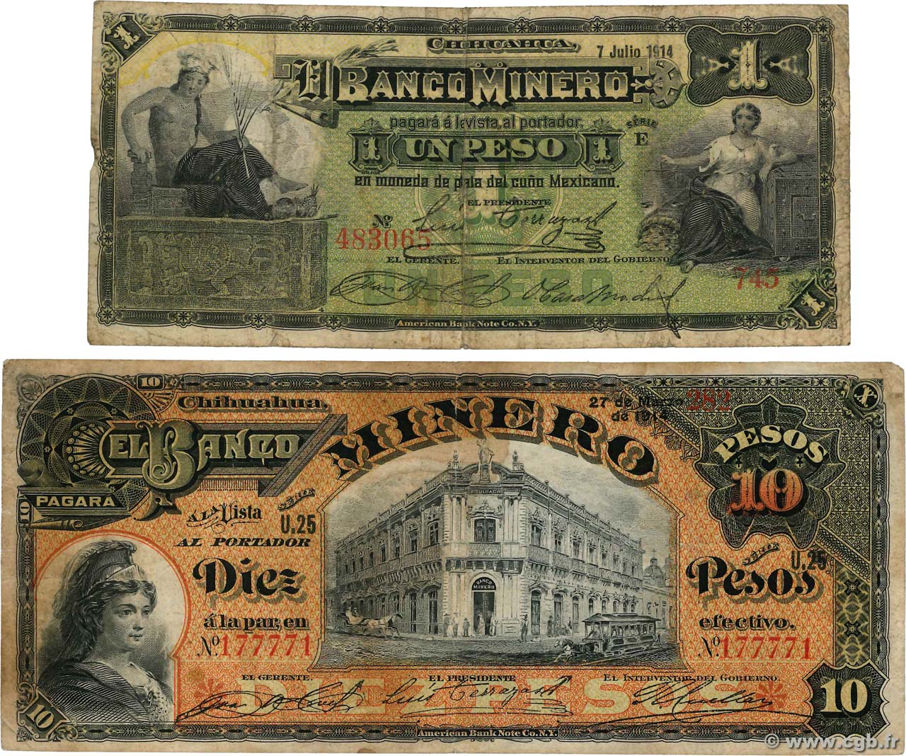 1 et 10 Pesos Lot MEXICO  1914 PS.0162e et PS.0164Ac VG