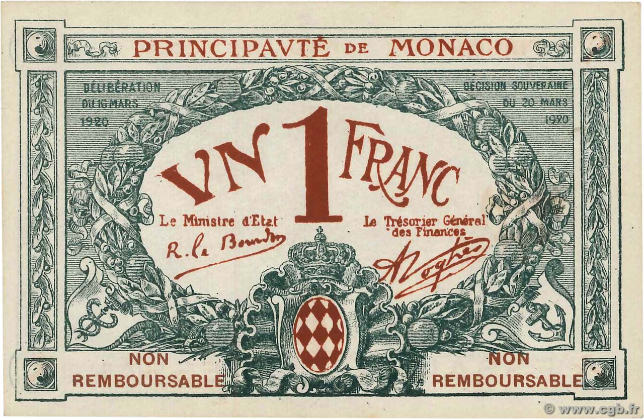 1 Franc Essai MONACO  1920 P.05r fST+