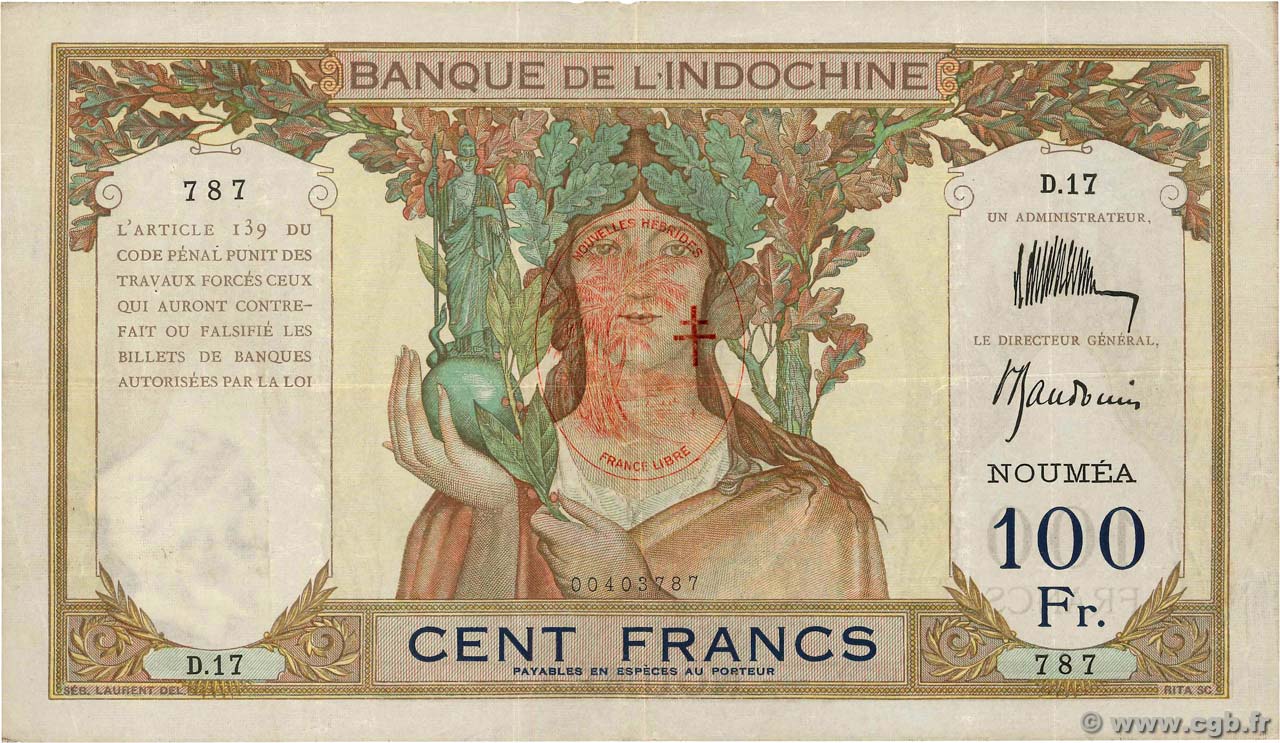 100 Francs NUEVAS HÉBRIDAS  1941 P.09a MBC