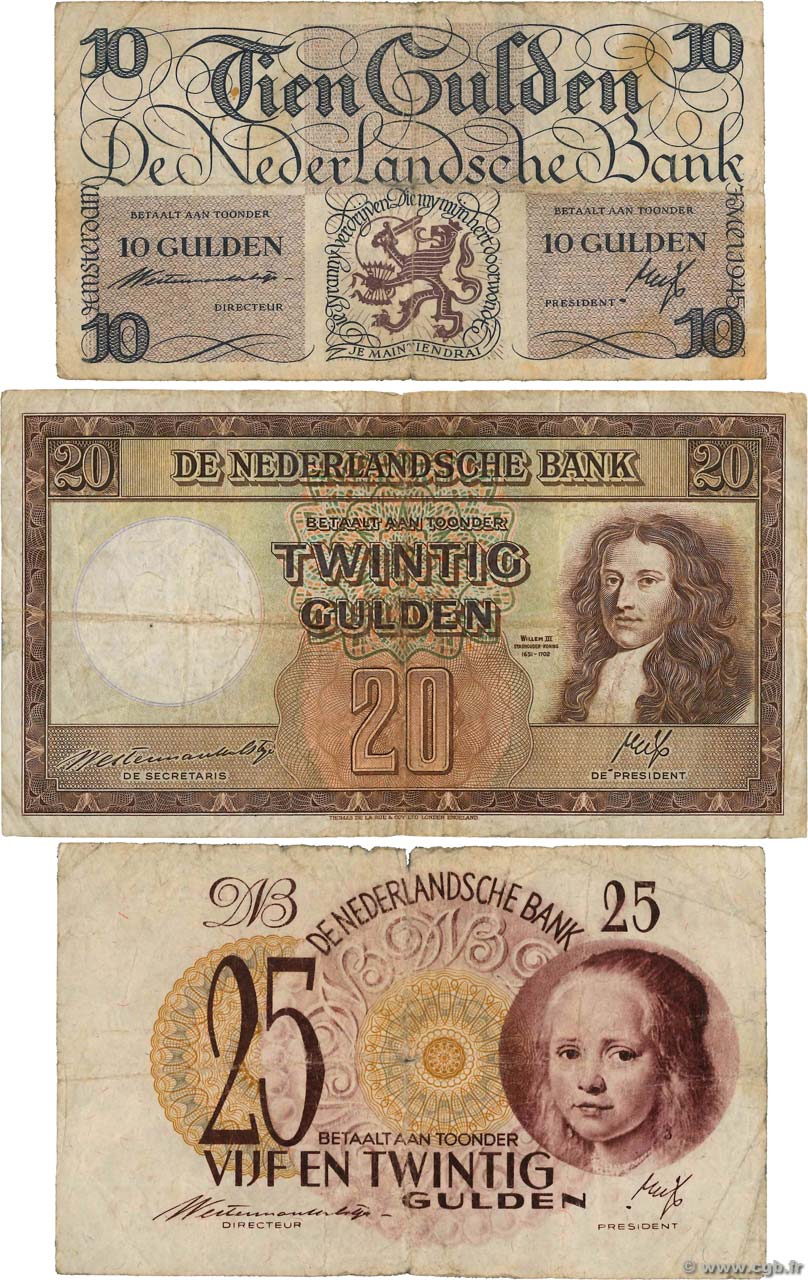 10, 20 et 25 Gulden Lot PAESI BASSI  1945 P.074, P.076 et P.077  B