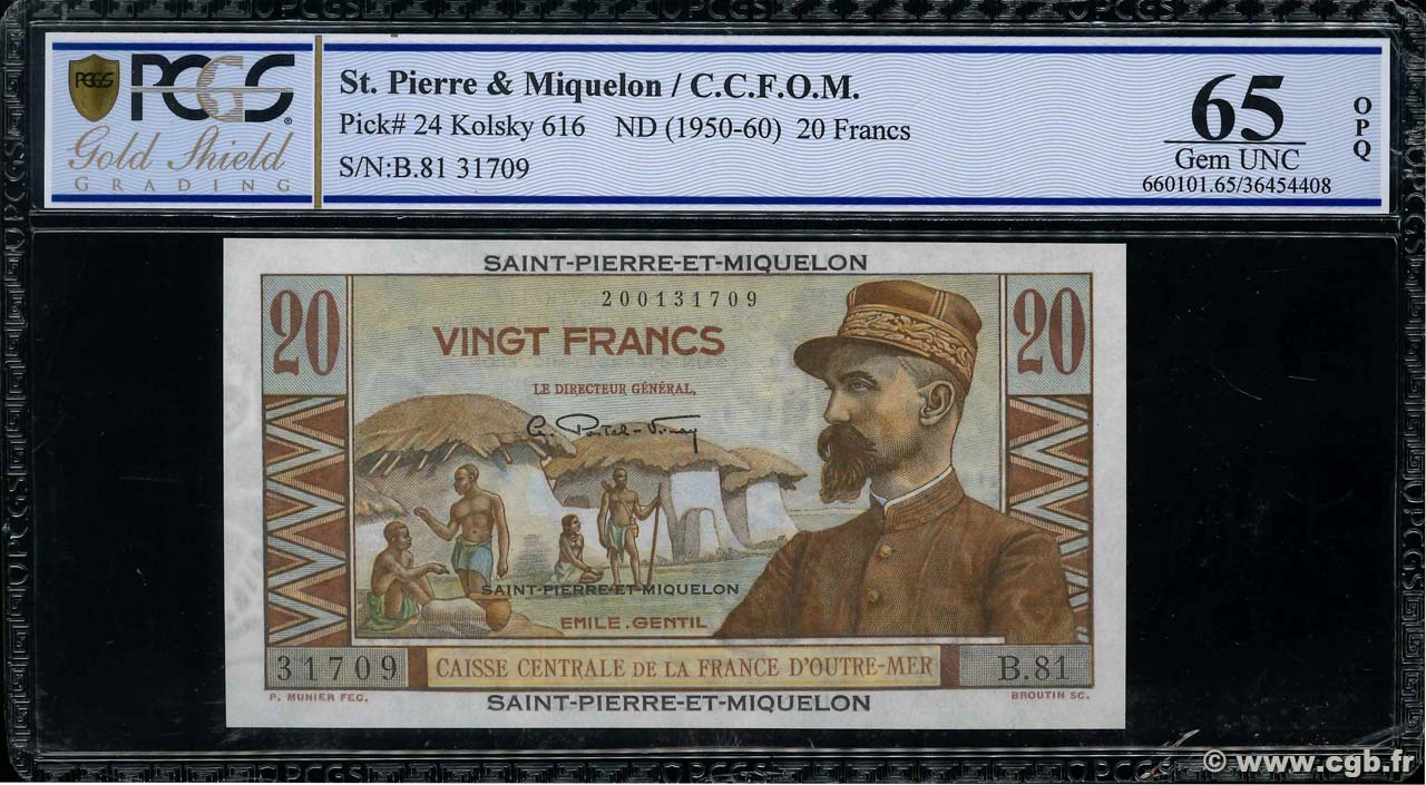 20 Francs Émile Gentil SAN PEDRO Y MIGUELóN  1946 P.24 FDC
