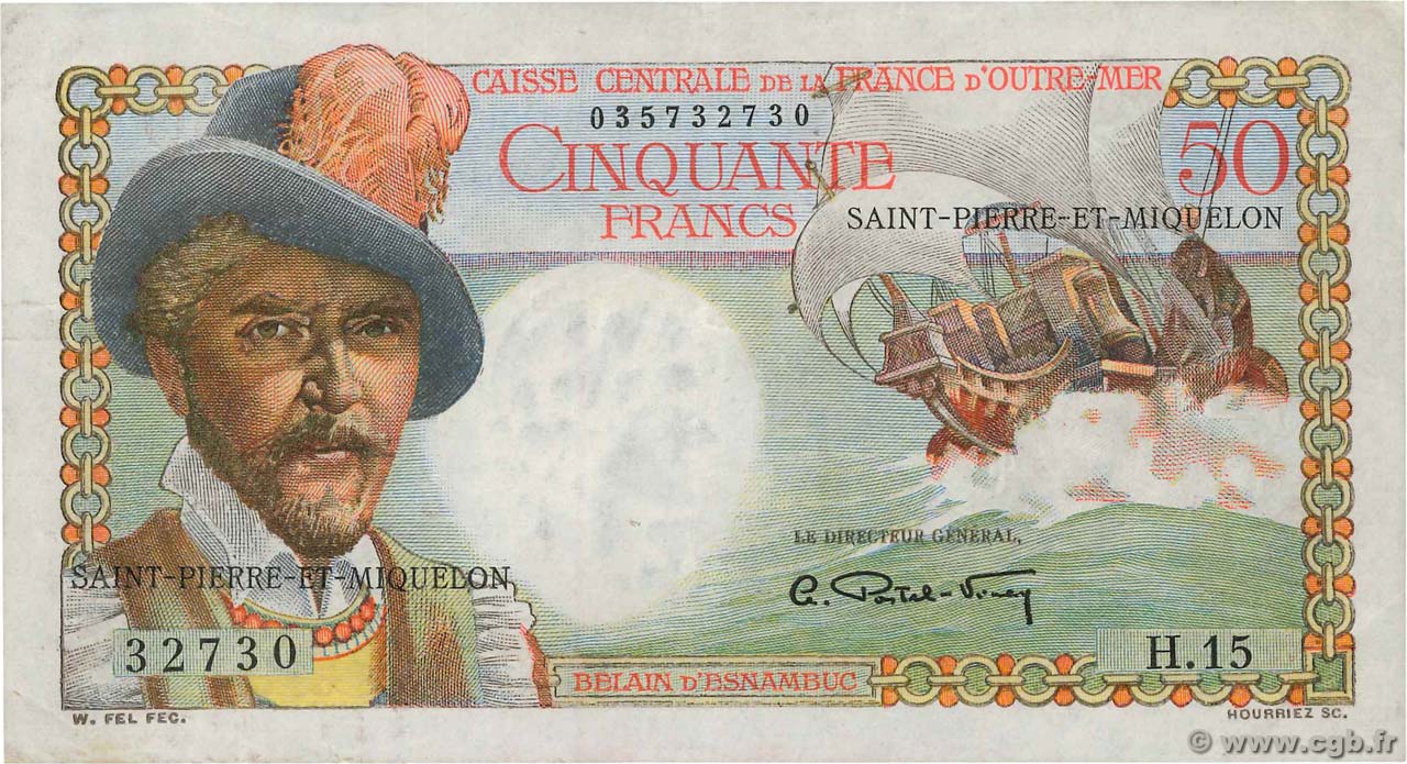 50 Francs Belain d Esnambuc SAN PEDRO Y MIGUELóN  1946 P.25 MBC