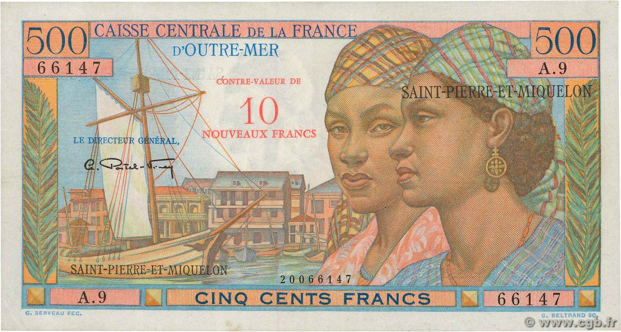 10 NF sur 500 Francs Pointe à Pitre SAINT-PIERRE UND MIQUELON  1964 P.33 VZ
