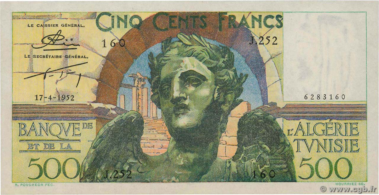 500 Francs TUNESIEN  1952 P.28 fST