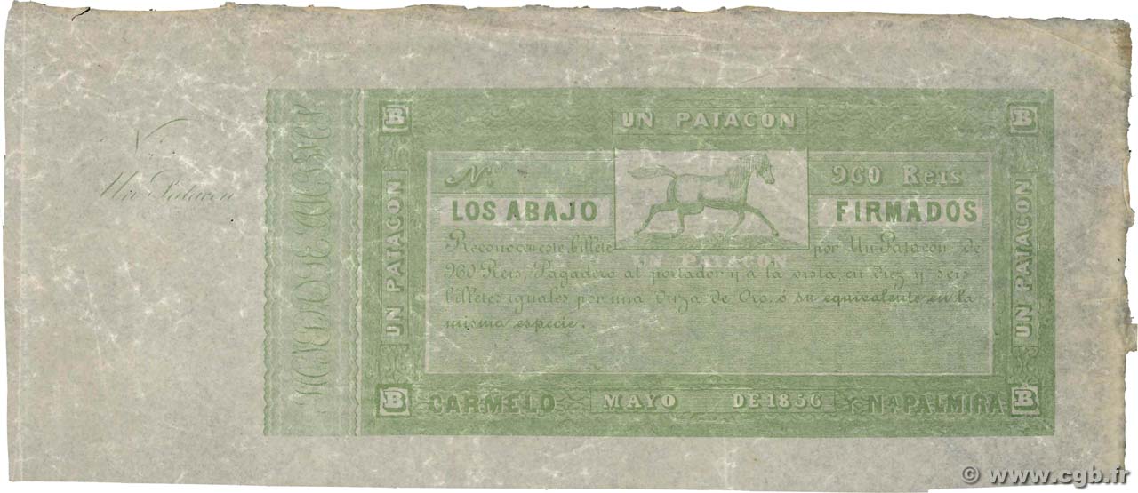 960 Reis - 1 Patagon Non émis URUGUAY  1856 PS.446r VF+