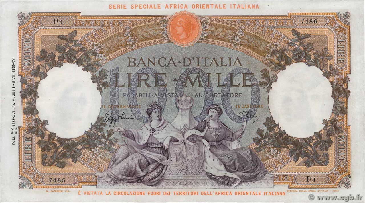 1000 Lire AFRIQUE DE L EST ITALIENNE  1938 P.04a TTB