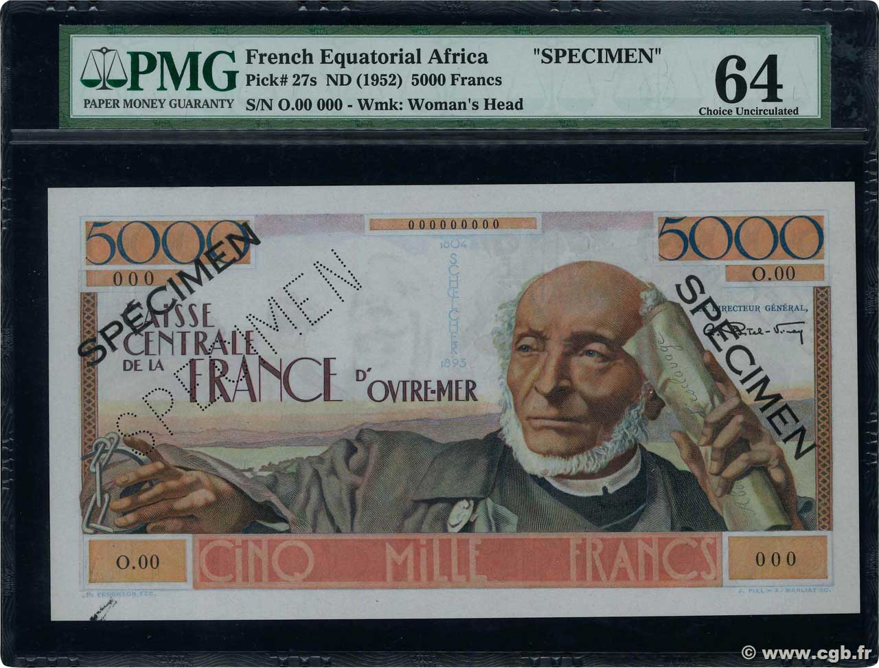 5000 Francs Schoelcher Spécimen AFRIQUE ÉQUATORIALE FRANÇAISE  1946 P.27s SC