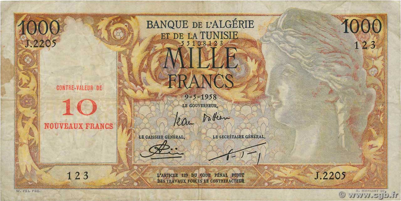10 NF sur 1000 Francs ALGERIA  1958 P.112 F