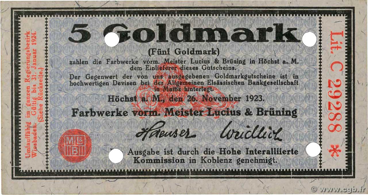 5 Goldmark ALEMANIA Hochst 1923 Mul.2525.7 EBC+