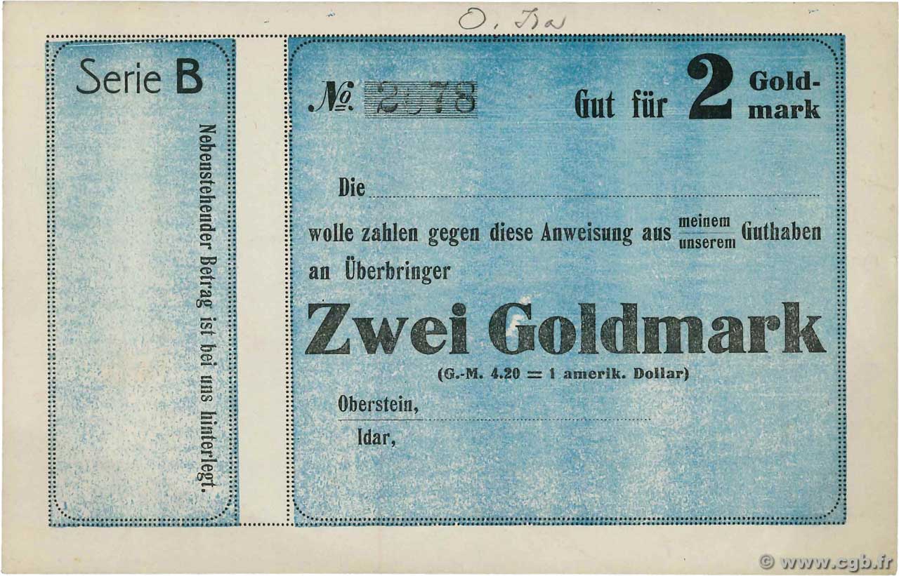 2 Goldmark Non émis DEUTSCHLAND Oberstein-Idar 1923 Mul.3570- fST