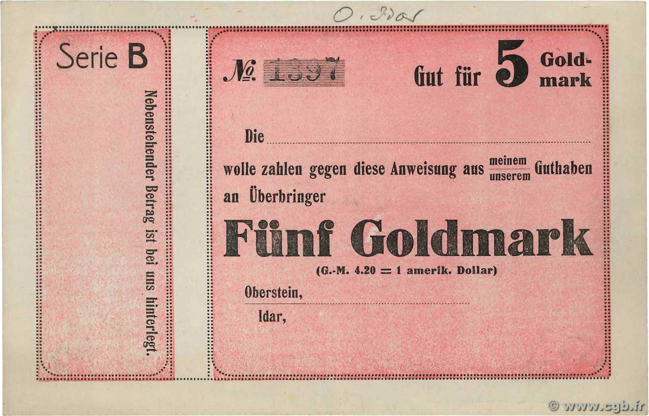 5 Goldmark Non émis DEUTSCHLAND Oberstein-Idar 1923 Mul.3570- fST