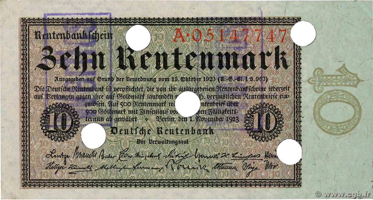 10 Rentenmark Annulé GERMANY  1923 P.164s AU