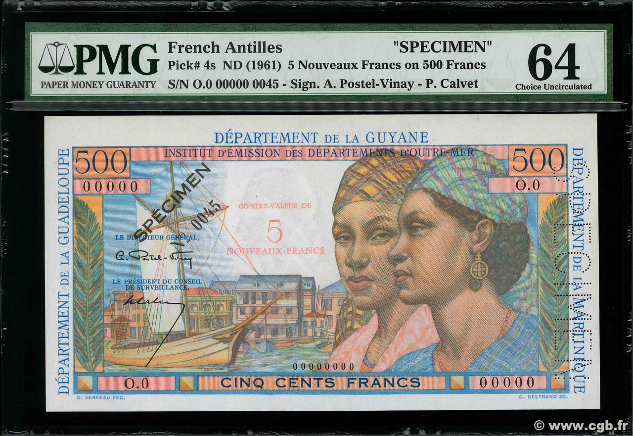 5 Nouveaux Francs sur 500 Francs Pointe à Pitre Spécimen FRENCH ANTILLES  1962 P.04s UNC