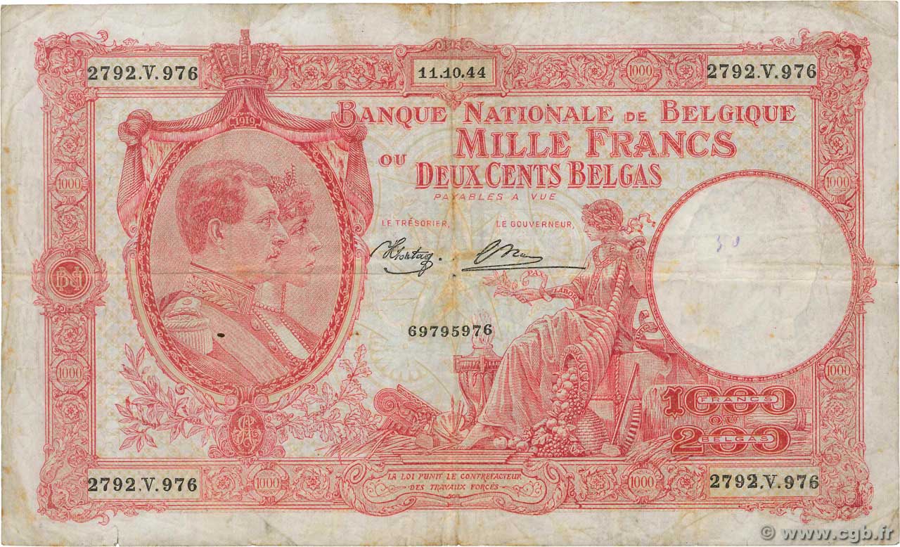 1000 Francs - 200 Belgas BELGIUM  1944 P.115 F