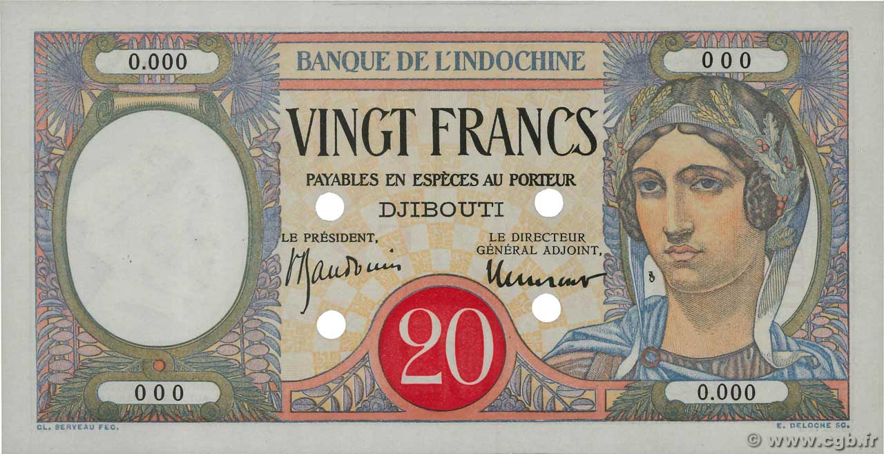20 Francs Spécimen DSCHIBUTI   1941 P.07Bs fST