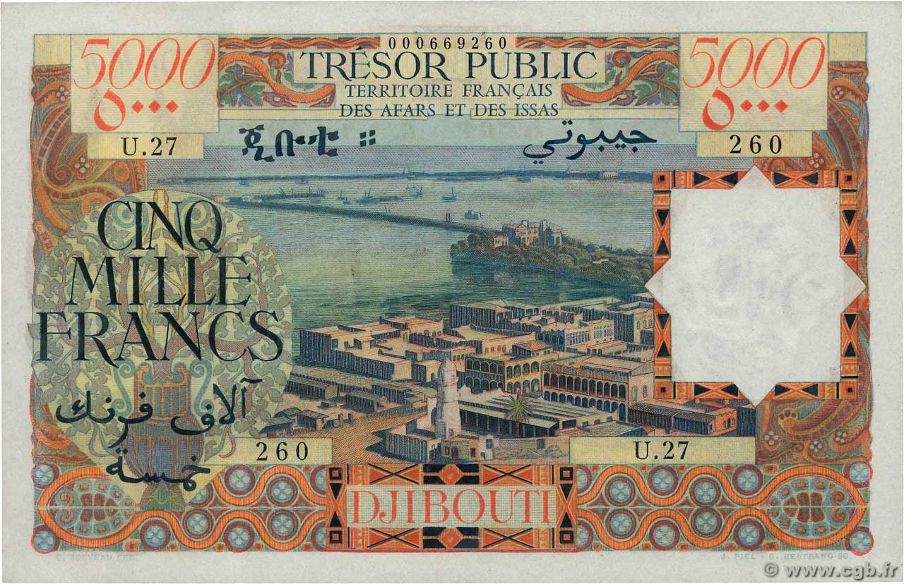 5000 Francs YIBUTI  1969 P.30 MBC+