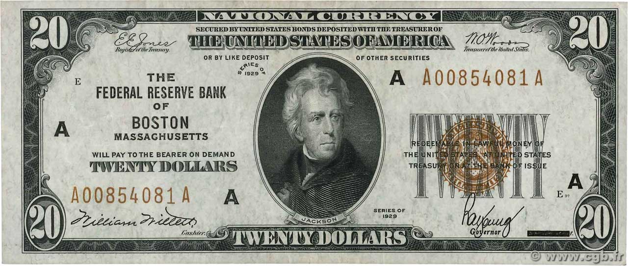 20 Dollars STATI UNITI D AMERICA Boston 1929 P.397A q.SPL