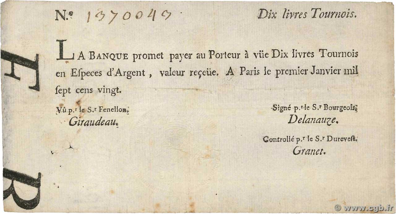 10 Livres Tournois typographié FRANCE  1720 Dor.21 VF
