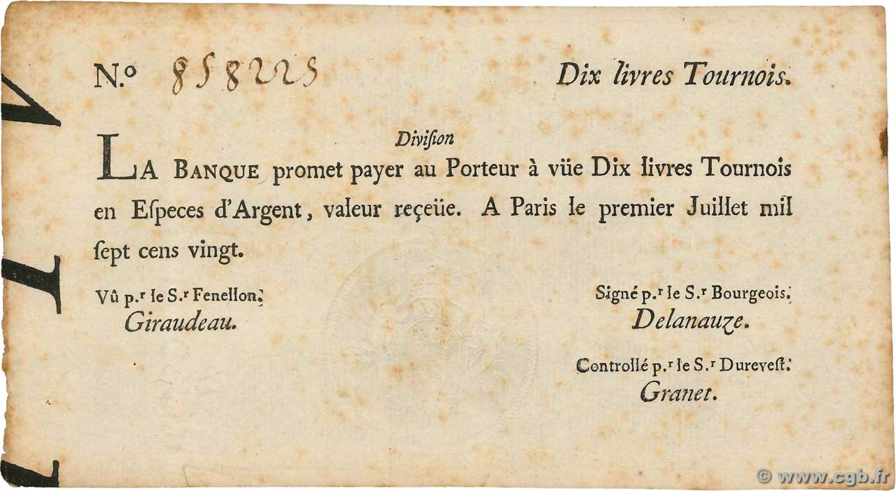 10 Livres Tournois typographié FRANCE  1720 Dor.22 TTB+