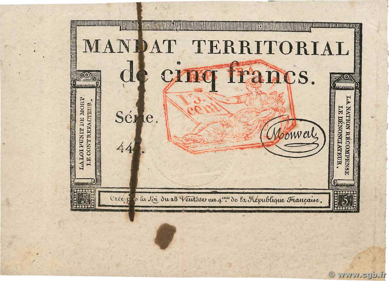 5 Francs Monval cachet rouge FRANKREICH  1796 Ass.63c VZ+