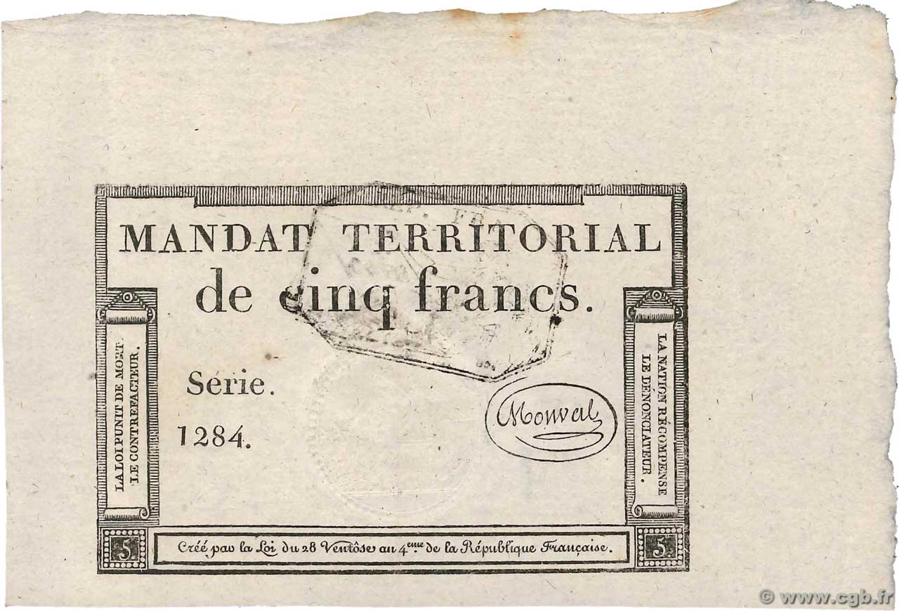 5 Francs Monval cachet noir FRANCIA  1796 Ass.63b SC+