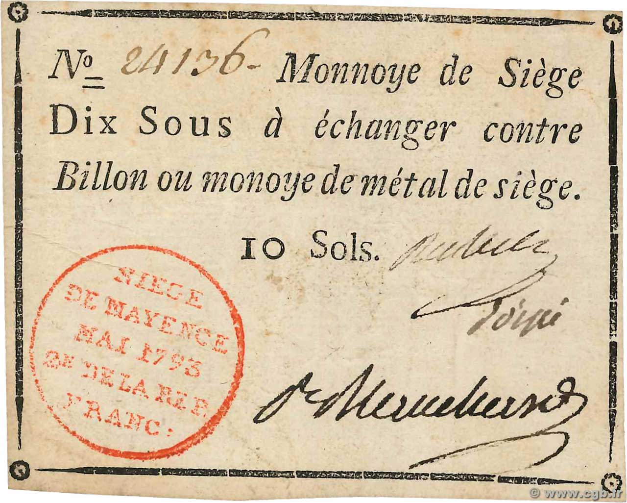 10 Sols FRANCE regionalism and miscellaneous Mayence 1793 Kol.025 VF+