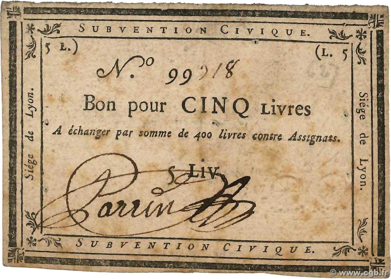 5 Livres FRANCE regionalism and miscellaneous Lyon 1793 Kol.134 VF