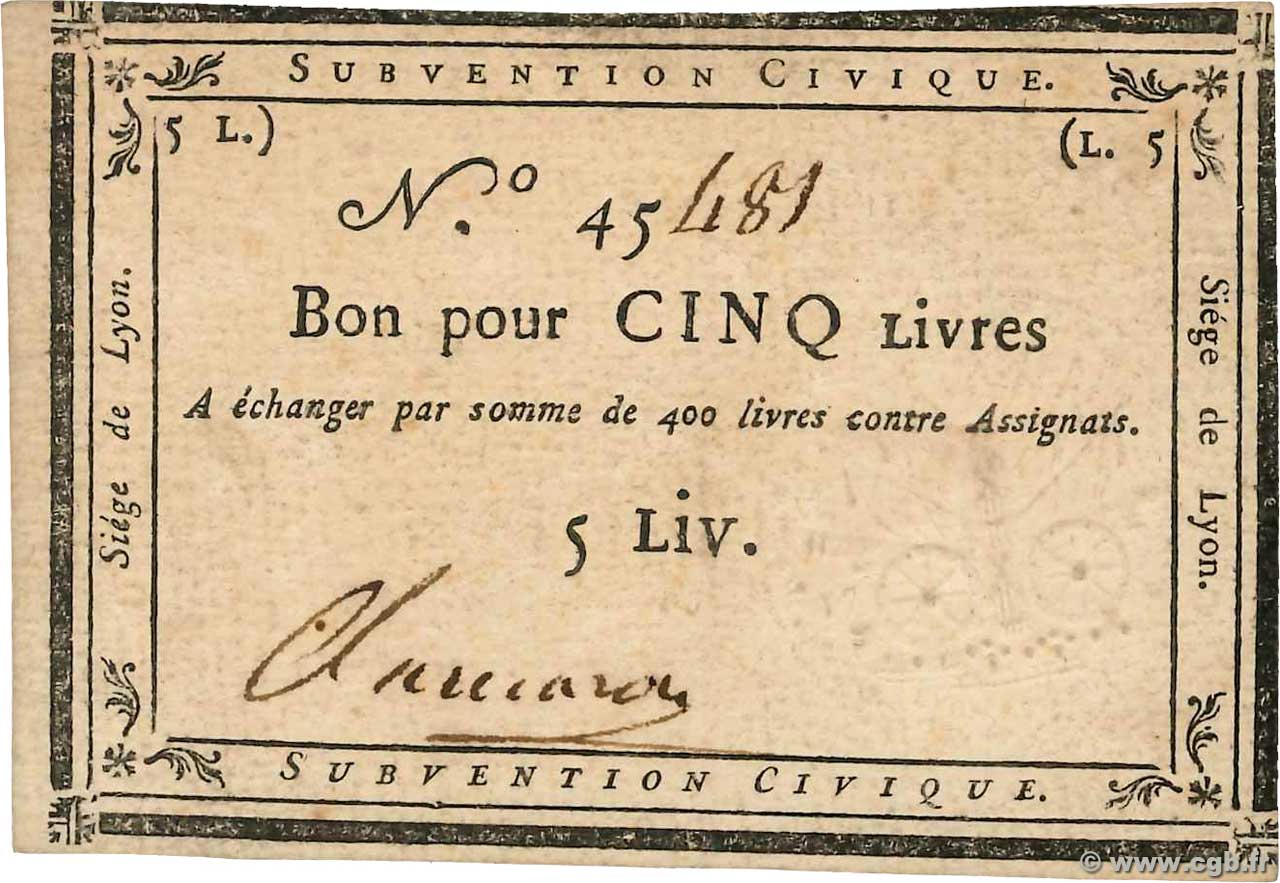 5 Livres FRANCE régionalisme et divers Lyon 1793 Kol.134 SUP