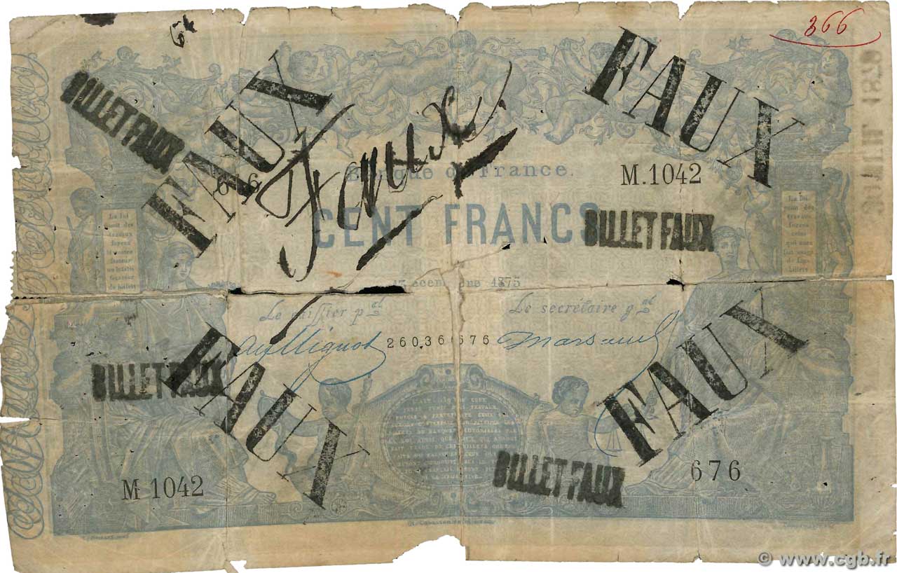 100 Francs type 1862 - Bleu à indices Noirs Faux FRANCIA  1875 F.A39.11x q.B