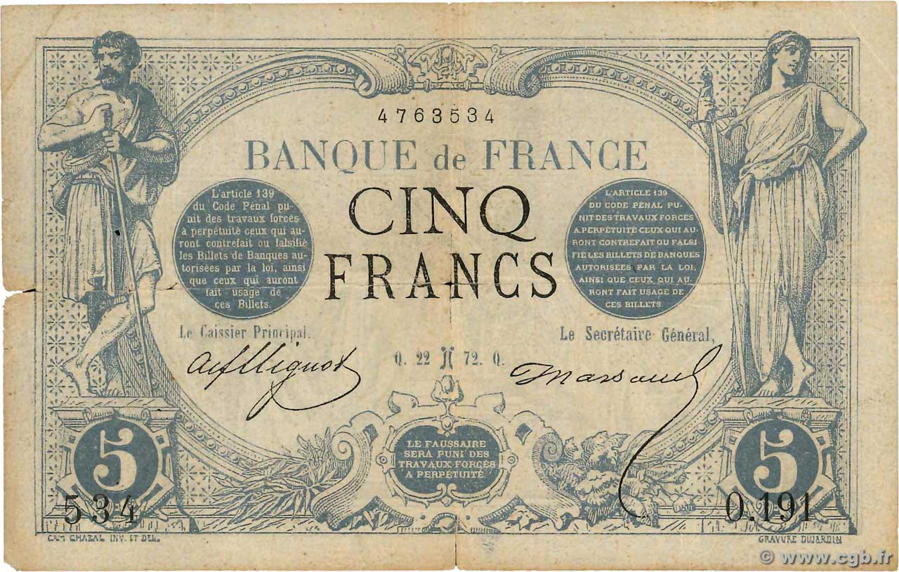 5 Francs NOIR FRANCIA  1872 F.01.03 RC+