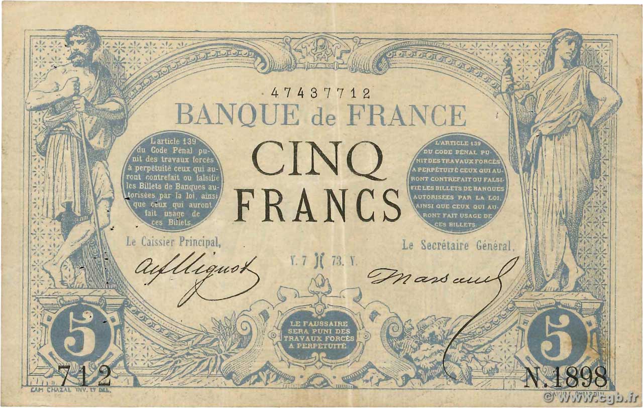5 Francs NOIR FRANCIA  1873 F.01.15 BC+