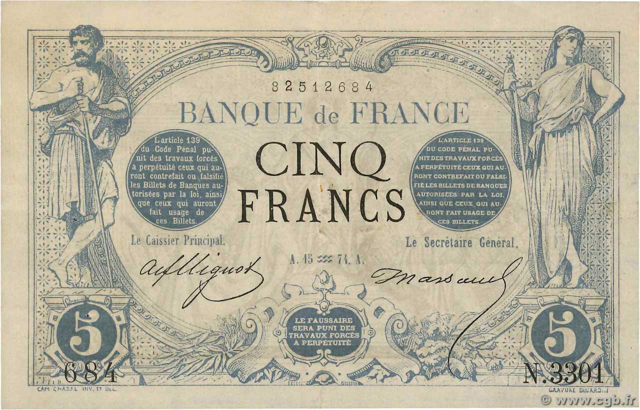 5 Francs NOIR FRANCE  1874 F.01.25 VF+