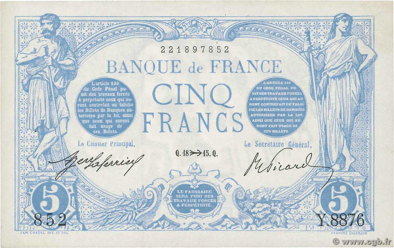 5 Francs BLEU FRANCIA  1915 F.02.33 AU