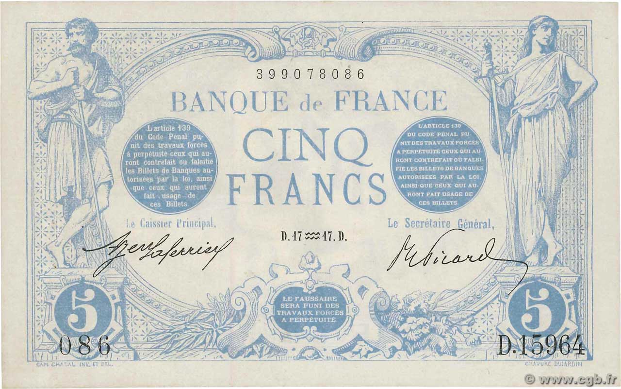 5 Francs BLEU FRANCIA  1917 F.02.47 EBC
