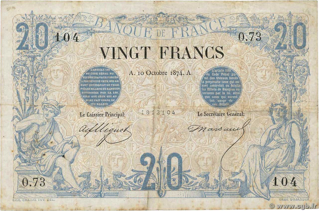 20 Francs NOIR FRANCE  1874 F.09.01 TB