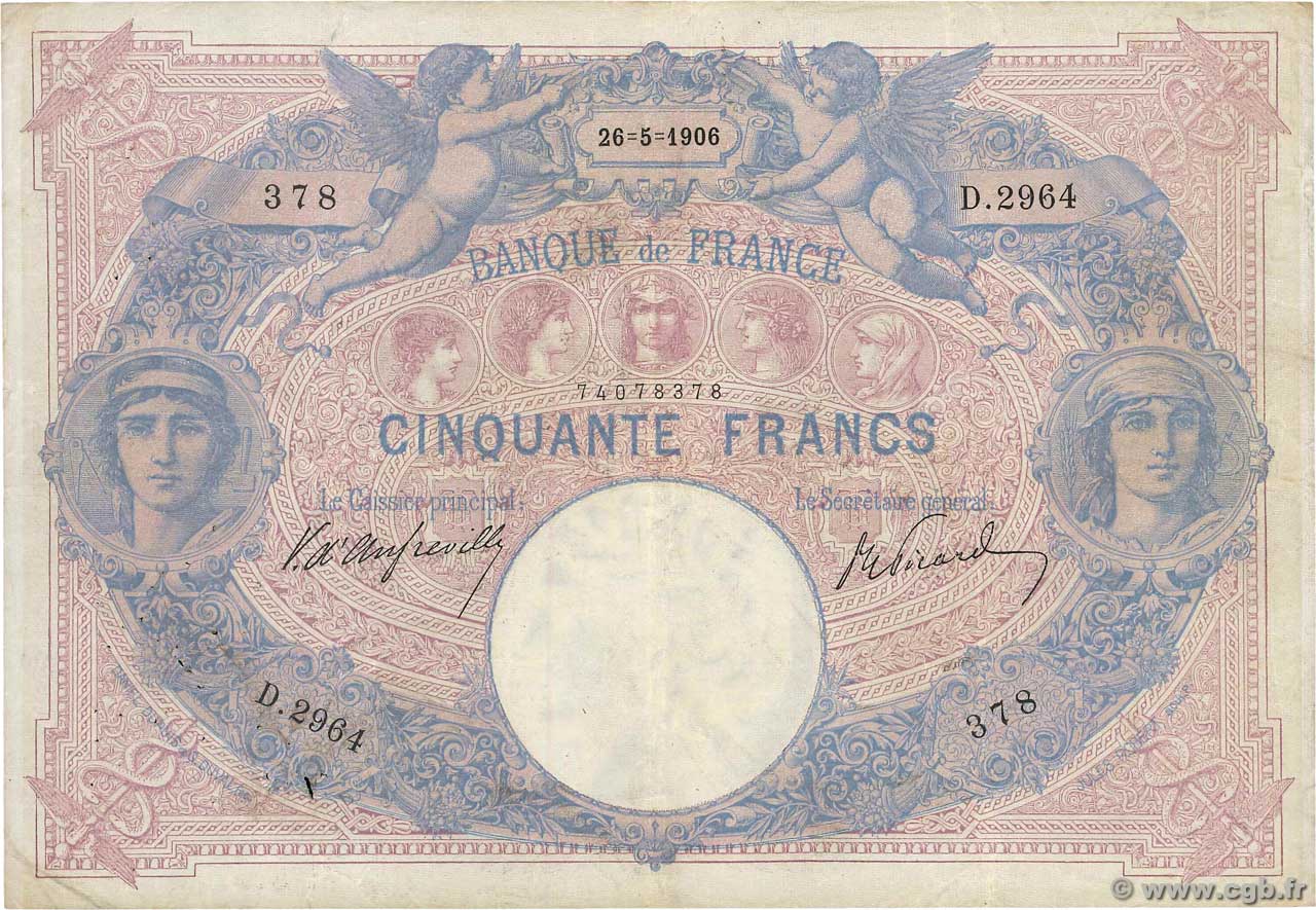 50 Francs BLEU ET ROSE FRANCIA  1906 F.14.18 BC+
