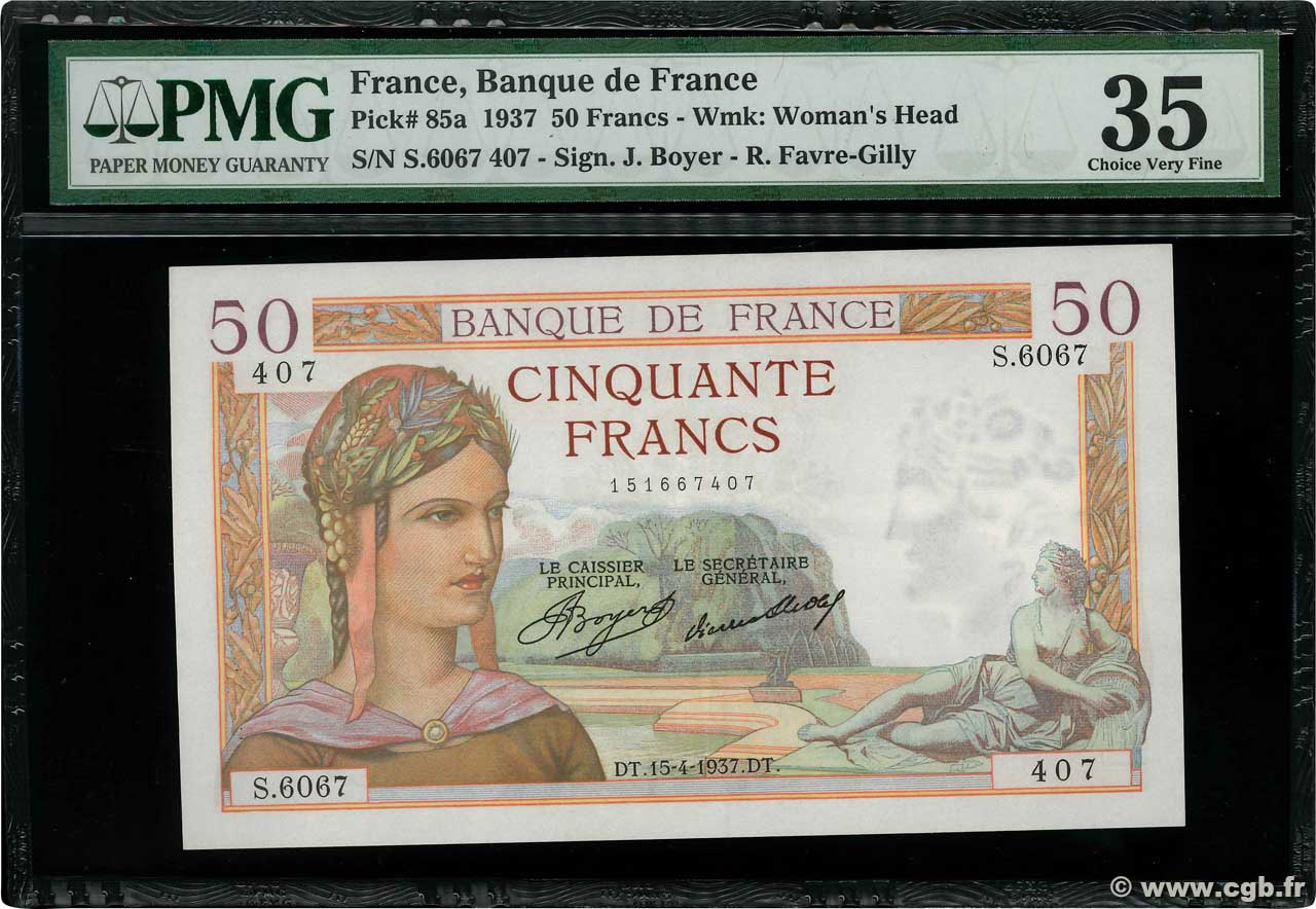 50 Francs CÉRÈS FRANKREICH  1937 F.17.37 fVZ