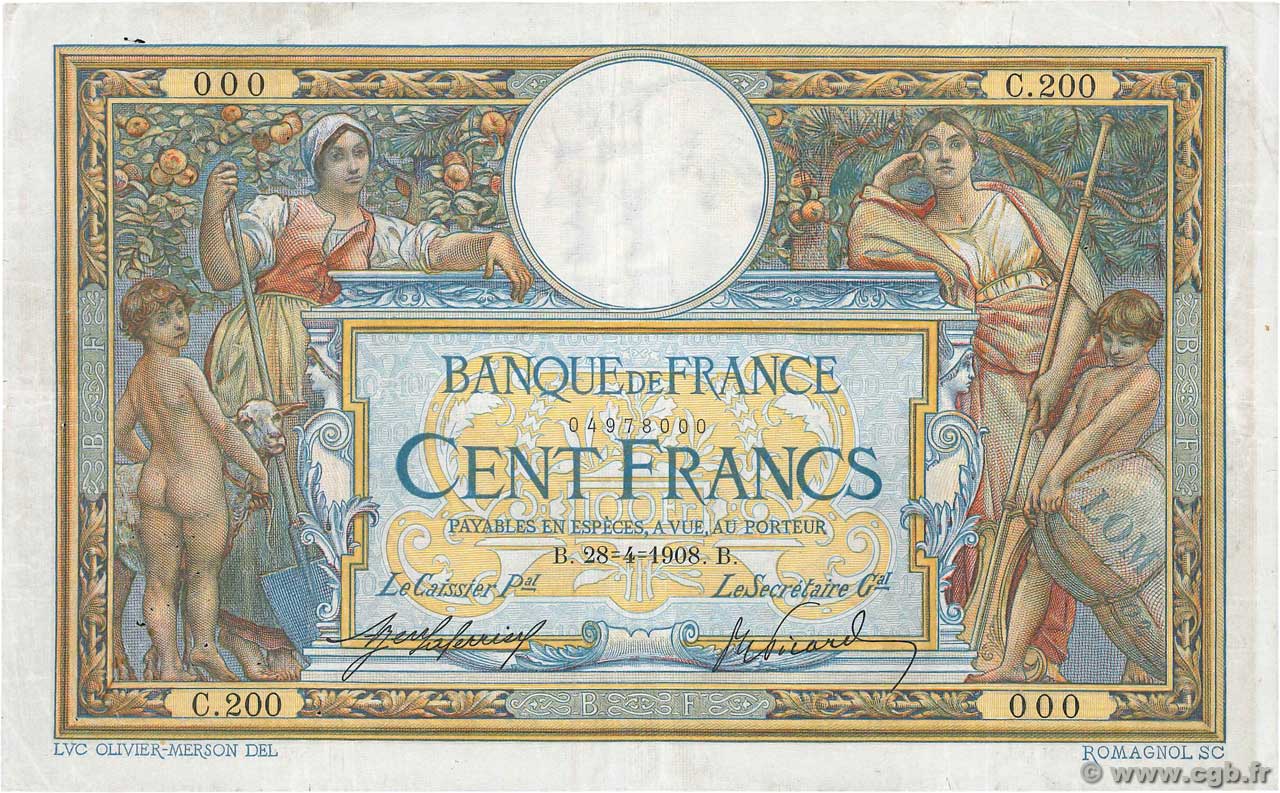 100 Francs LUC OLIVIER MERSON avec LOM Numéro spécial FRANCE  1908 F.22.01 TB