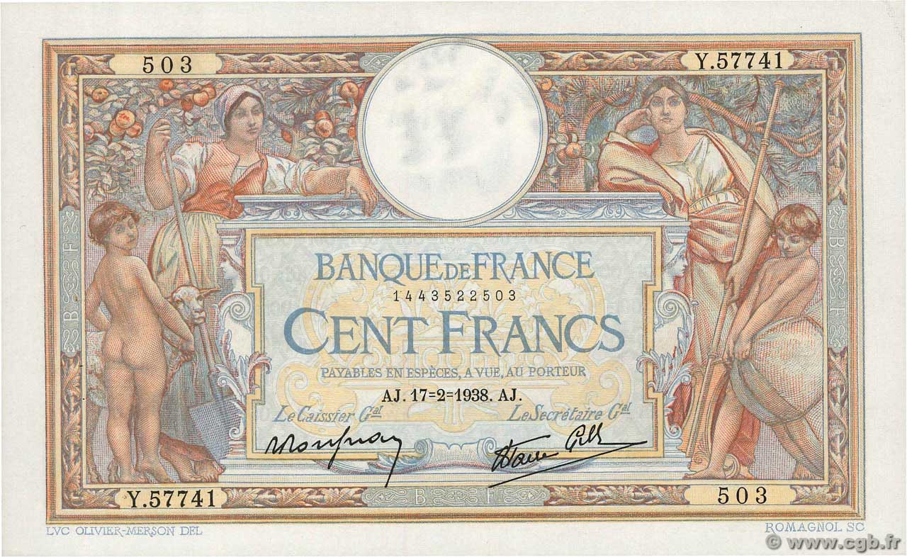 100 Francs LUC OLIVIER MERSON type modifié FRANCIA  1938 F.25.11 EBC+