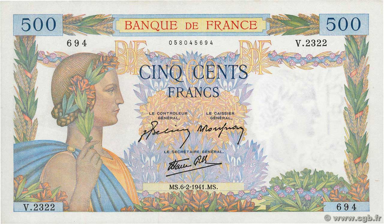 500 Francs LA PAIX FRANCIA  1941 F.32.14 AU