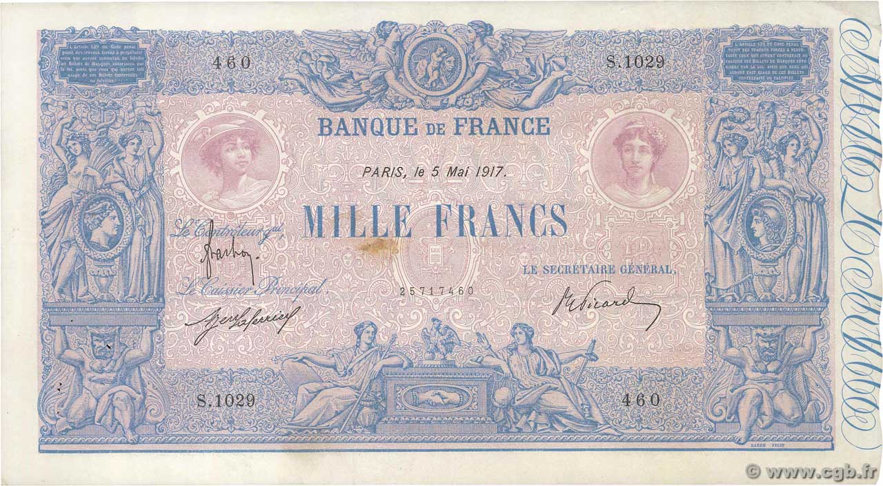 1000 Francs BLEU ET ROSE FRANCE  1917 F.36.31 TTB+