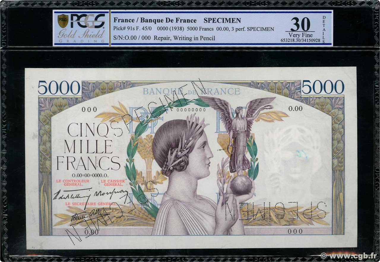 5000 Francs VICTOIRE modifié, taille douce Spécimen FRANCIA  1938 F.45.01Sp BB